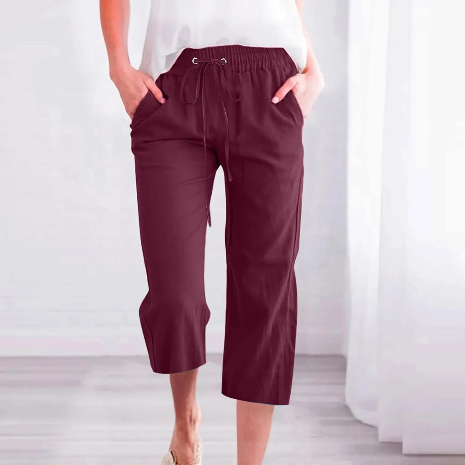 Capri Pants for Women Casual 2025 Summer Drawstring Elastic High Waist Linen Pant Straight Wide Leg Cropped Trouser