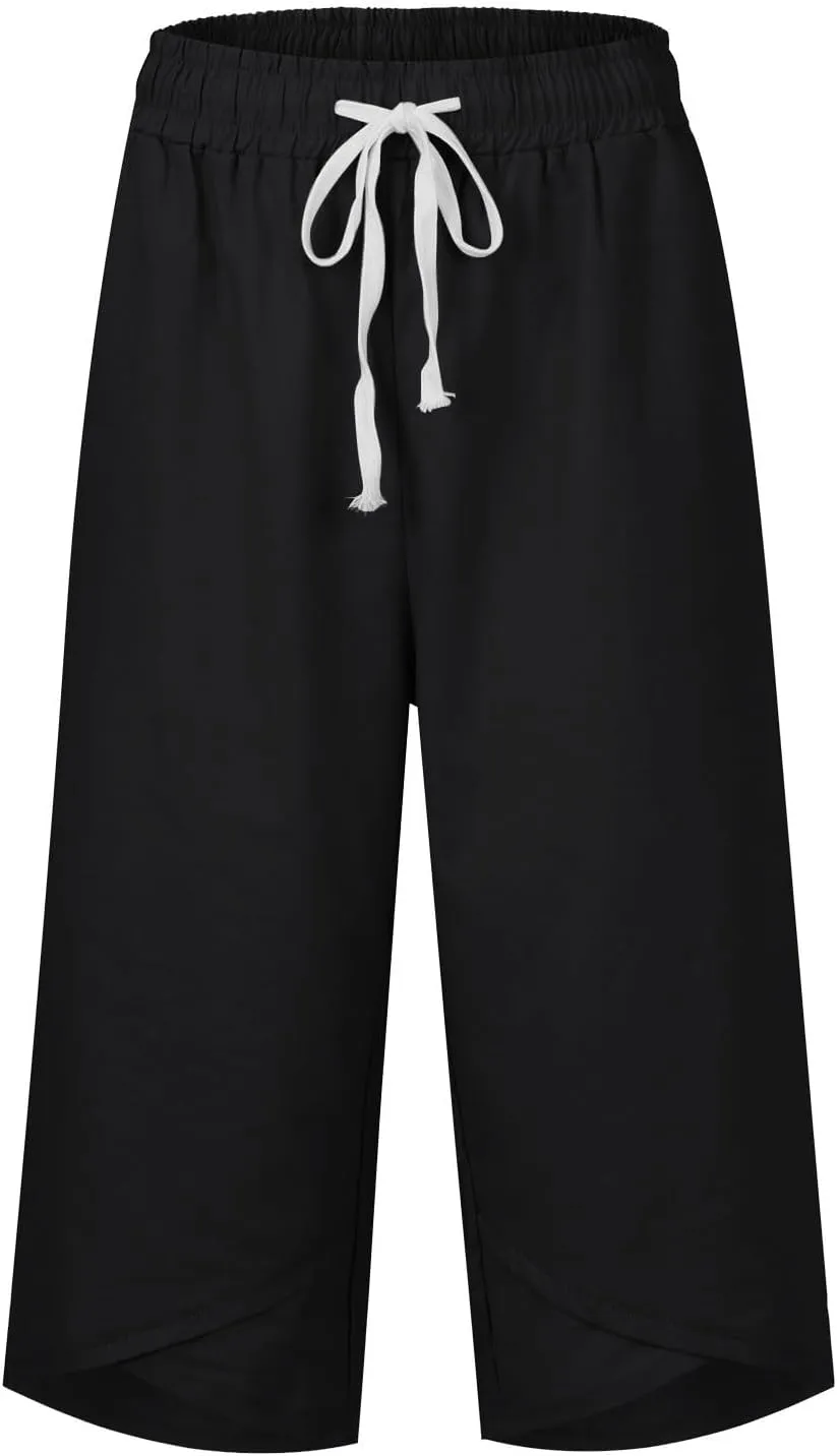Capri Pants for Women Casual Lightweight Drawstring Waist Pedal Pushers Comfy Ruffle Hem Lounge Pants with Pockets