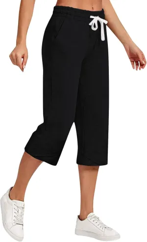 Capri Pants for Women Casual Lightweight Drawstring Waist Pedal Pushers Comfy Ruffle Hem Lounge Pants with Pockets