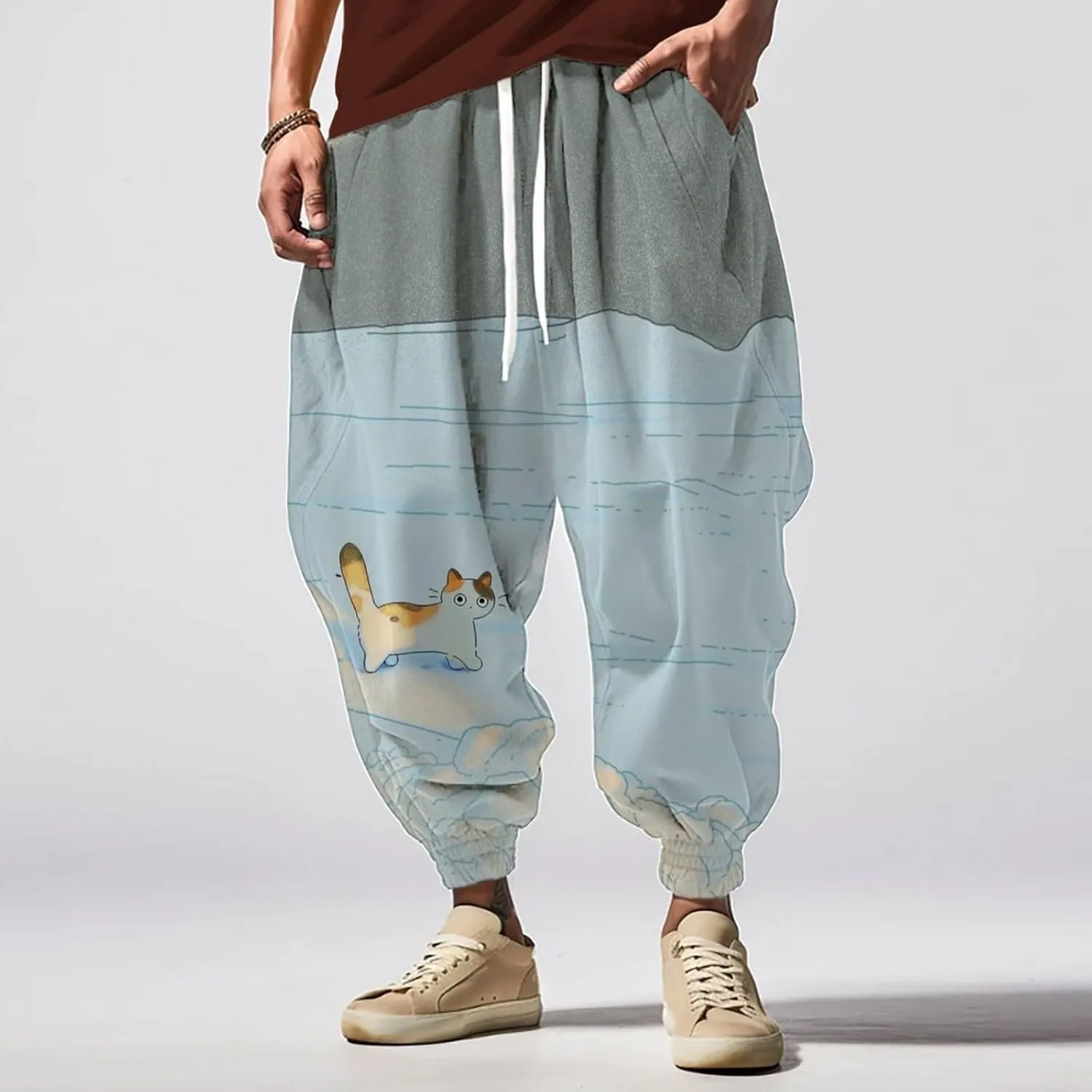 Casual Baggy Cotton Drawstring Tapered Sweatpants Sweatpants Mens Sweatpants with Pockets Black Harem Pants