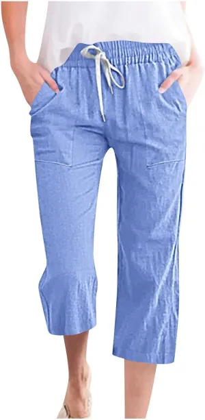 Casual Capri Pants for Women Summer Cotton Linen Cropped Pants Elastic High Waist Trousers Straight Wide Leg Pants