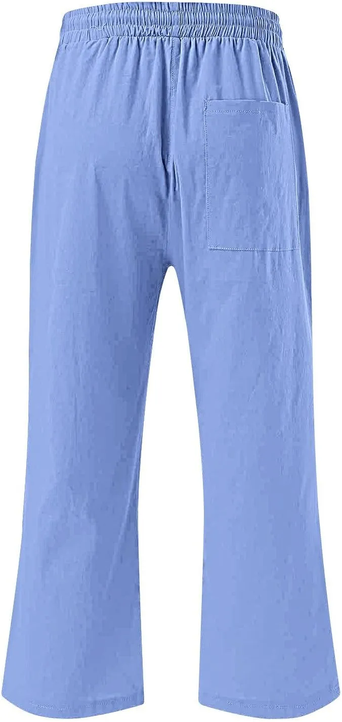 Casual Capri Pants for Women Summer Cotton Linen Cropped Pants Elastic High Waist Trousers Straight Wide Leg Pants