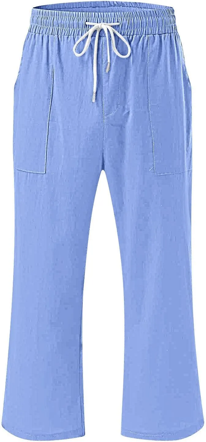 Casual Capri Pants for Women Summer Cotton Linen Cropped Pants Elastic High Waist Trousers Straight Wide Leg Pants