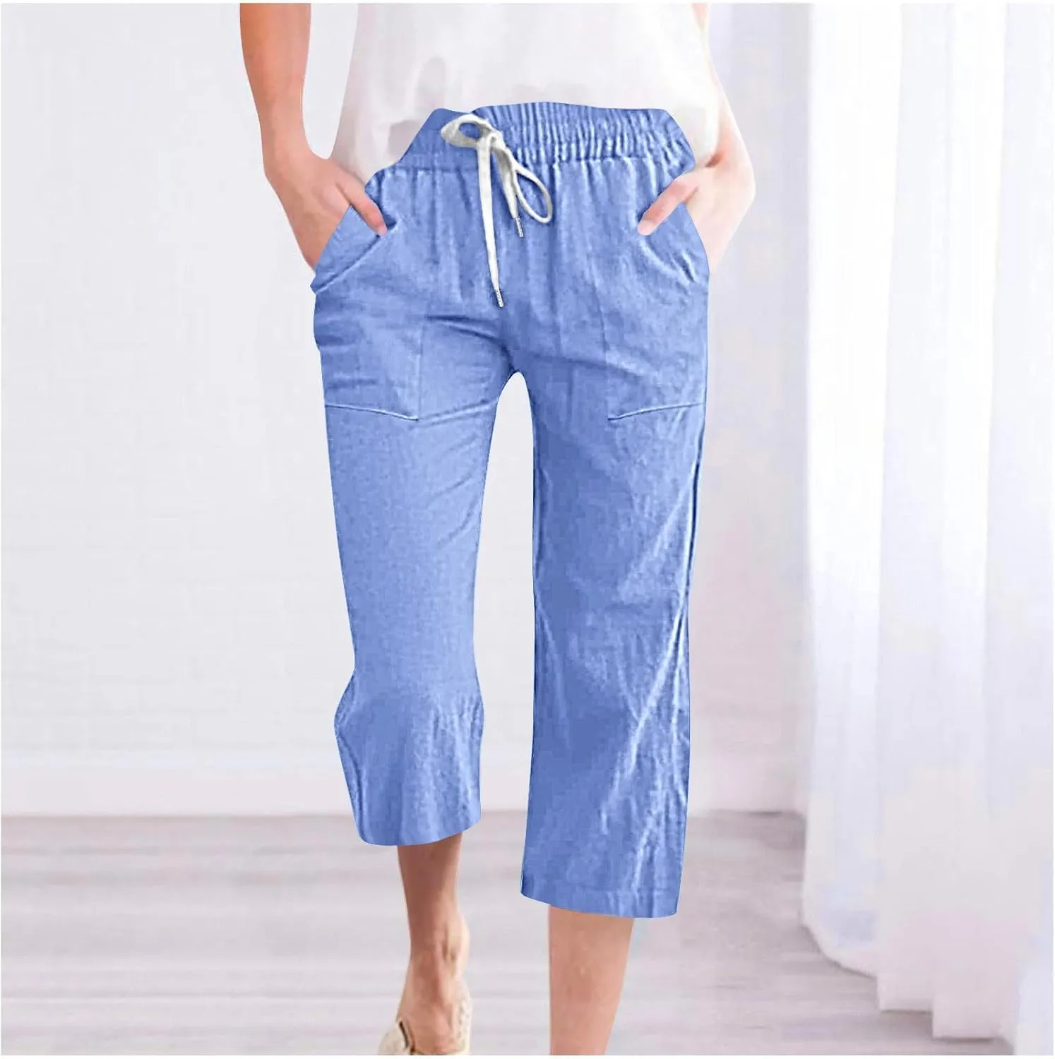 Casual Capri Pants for Women Summer Cotton Linen Cropped Pants Elastic High Waist Trousers Straight Wide Leg Pants