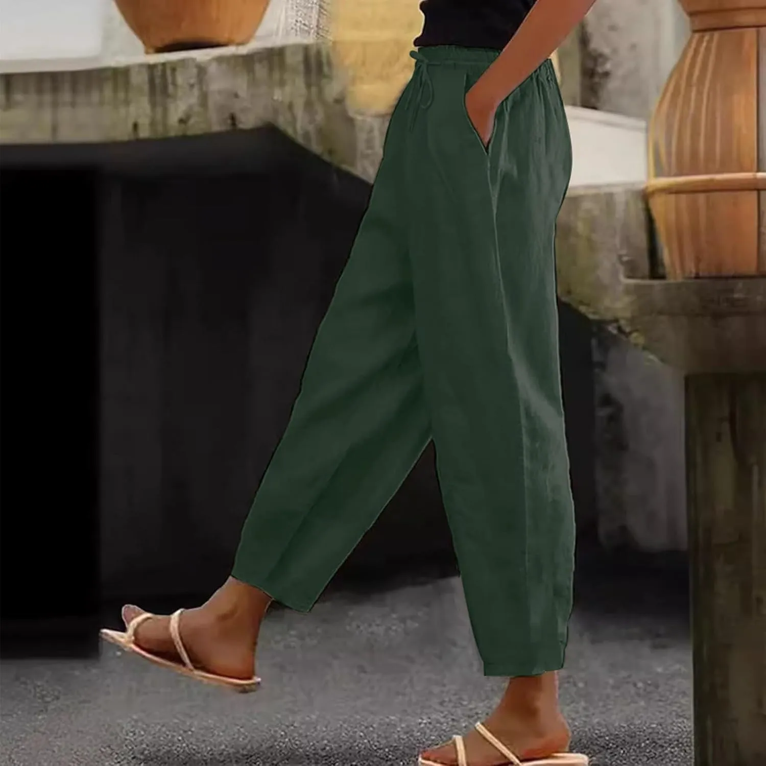 Casual Pants for Women Straight Leg Beach Trousers with Pockets Baggy Elastic Waist Lounge Slacks
