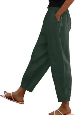 Casual Pants for Women Straight Leg Beach Trousers with Pockets Baggy Elastic Waist Lounge Slacks
