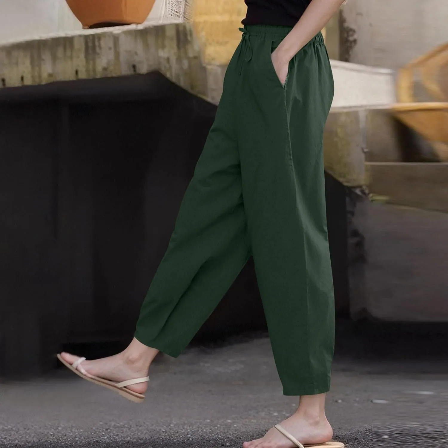 Casual Pants for Women Straight Leg Beach Trousers with Pockets Baggy Elastic Waist Lounge Slacks