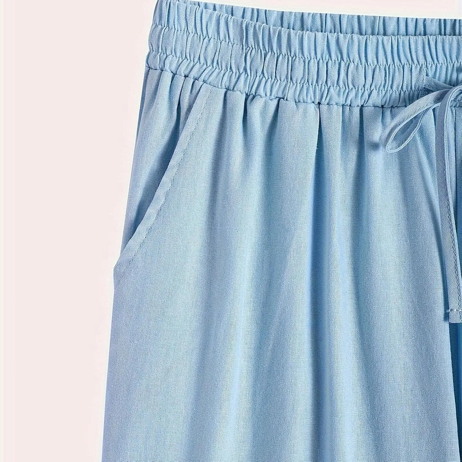 Casual Pants for Women Summer Cotton Linen Comfy Pants Drawstring Elastic Waist Buttons Decor Ankle Trousers