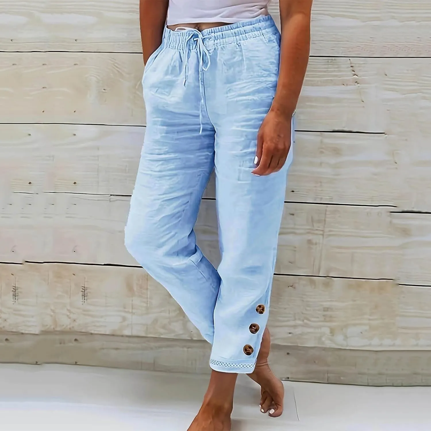 Casual Pants for Women Summer Cotton Linen Comfy Pants Drawstring Elastic Waist Buttons Decor Ankle Trousers