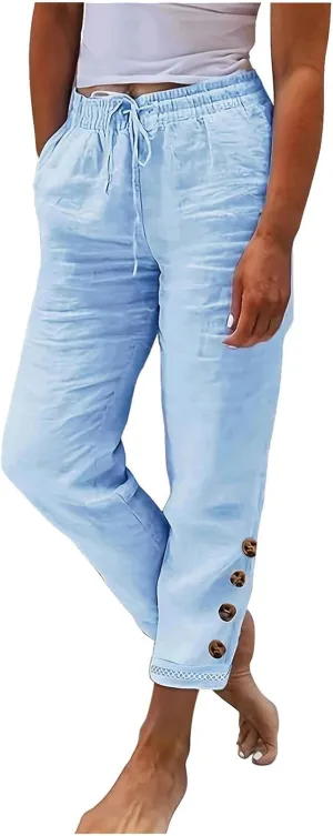 Casual Pants for Women Summer Cotton Linen Comfy Pants Drawstring Elastic Waist Buttons Decor Ankle Trousers