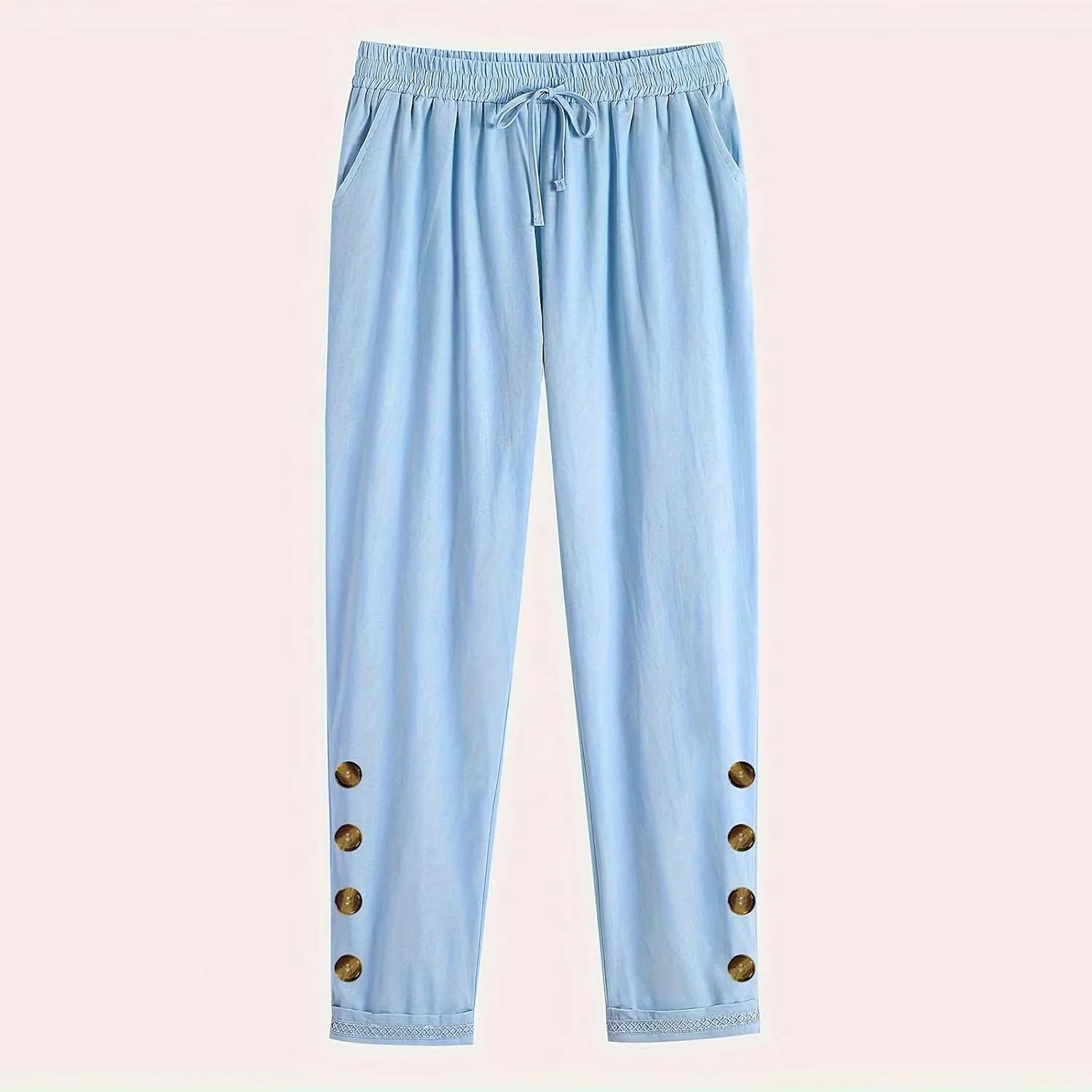 Casual Pants for Women Summer Cotton Linen Comfy Pants Drawstring Elastic Waist Buttons Decor Ankle Trousers