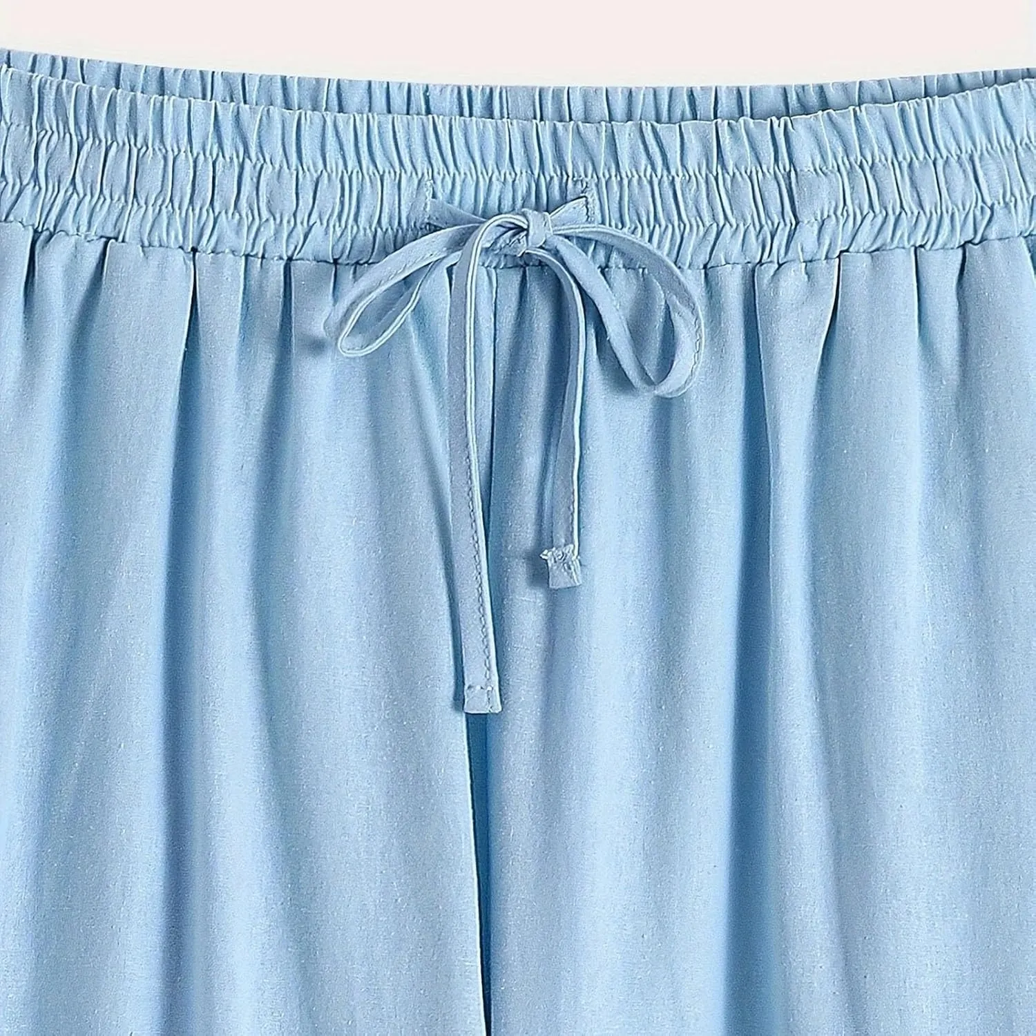 Casual Pants for Women Summer Cotton Linen Comfy Pants Drawstring Elastic Waist Buttons Decor Ankle Trousers