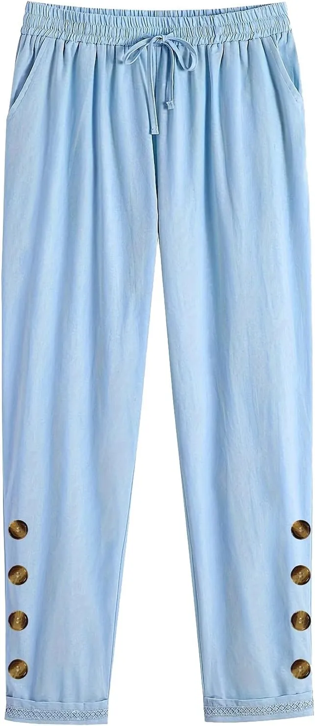 Casual Pants for Women Summer Cotton Linen Comfy Pants Drawstring Elastic Waist Buttons Decor Ankle Trousers