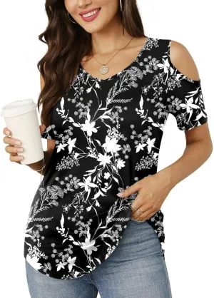 CATHY Women's V Neck Tunic Top Cold Shoulder Tshirt Short Sleeve Casual Blouse for Leggings