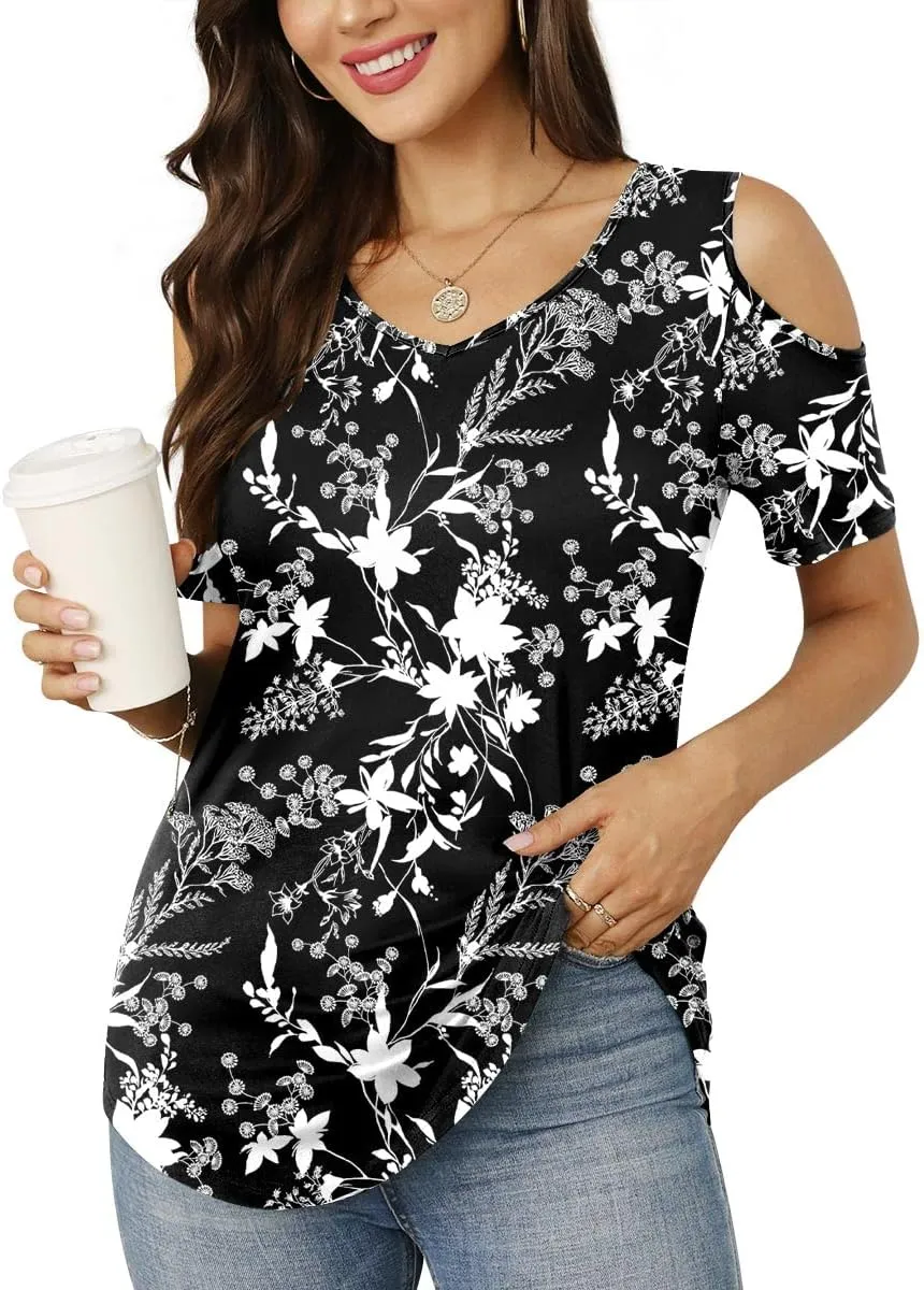 CATHY Women's V Neck Tunic Top Cold Shoulder Tshirt Short Sleeve Casual Blouse for Leggings
