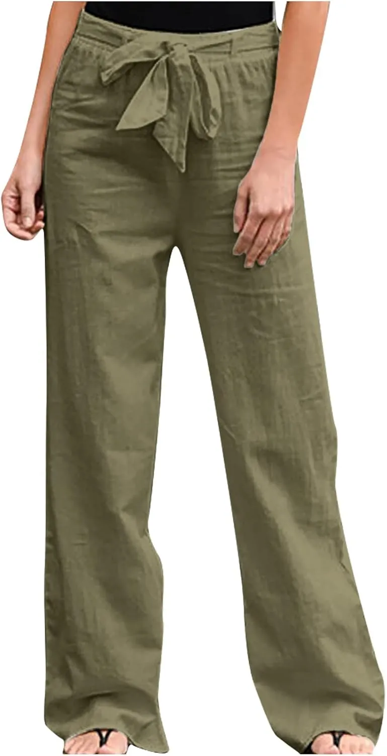 Ceboyel Women 2023 Linen Summer Beach Pants High Waist Flowy Pants Drawstring Travel Pants Loose Fitting Ladies Clothes