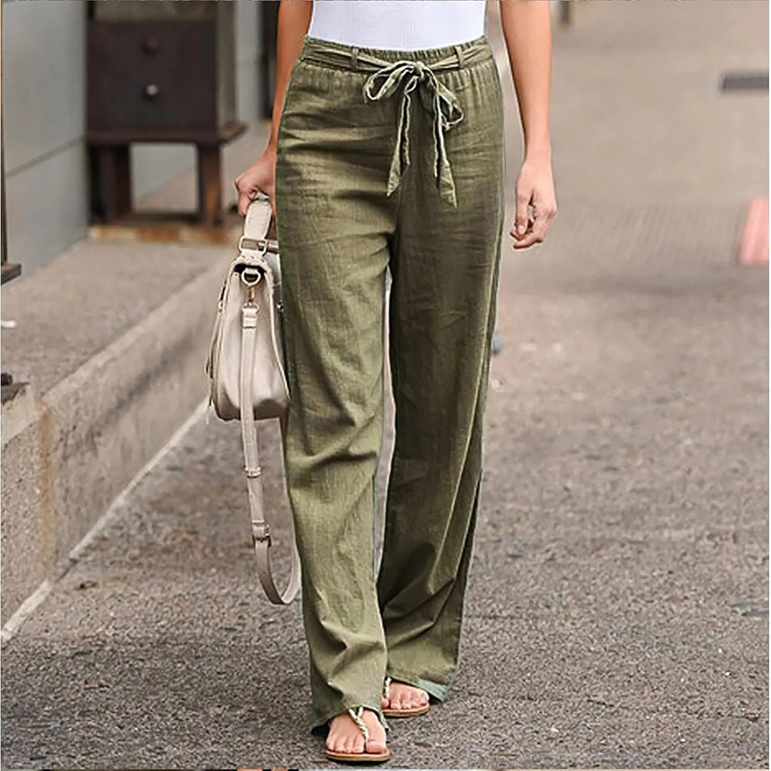 Ceboyel Women 2023 Linen Summer Beach Pants High Waist Flowy Pants Drawstring Travel Pants Loose Fitting Ladies Clothes