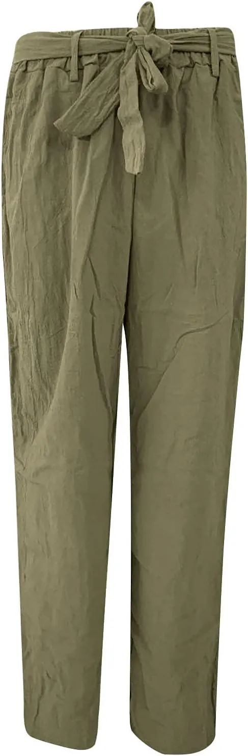 Ceboyel Women 2023 Linen Summer Beach Pants High Waist Flowy Pants Drawstring Travel Pants Loose Fitting Ladies Clothes