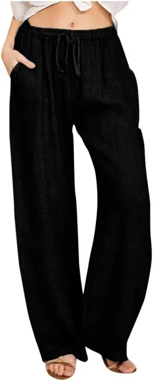 Ceboyel Women's Boho Wide Leg Pants Drawstring Straight Casual Trousers Cotton Linen Palazzo Pants Summer Beach Outfits 2023
