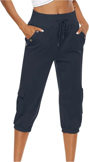 Ceboyel Women's Cotton Linen Crop Capris Drawstring Summer Cargo Pants Trendy Casual Straight Pants Dressy Ladies Clothing