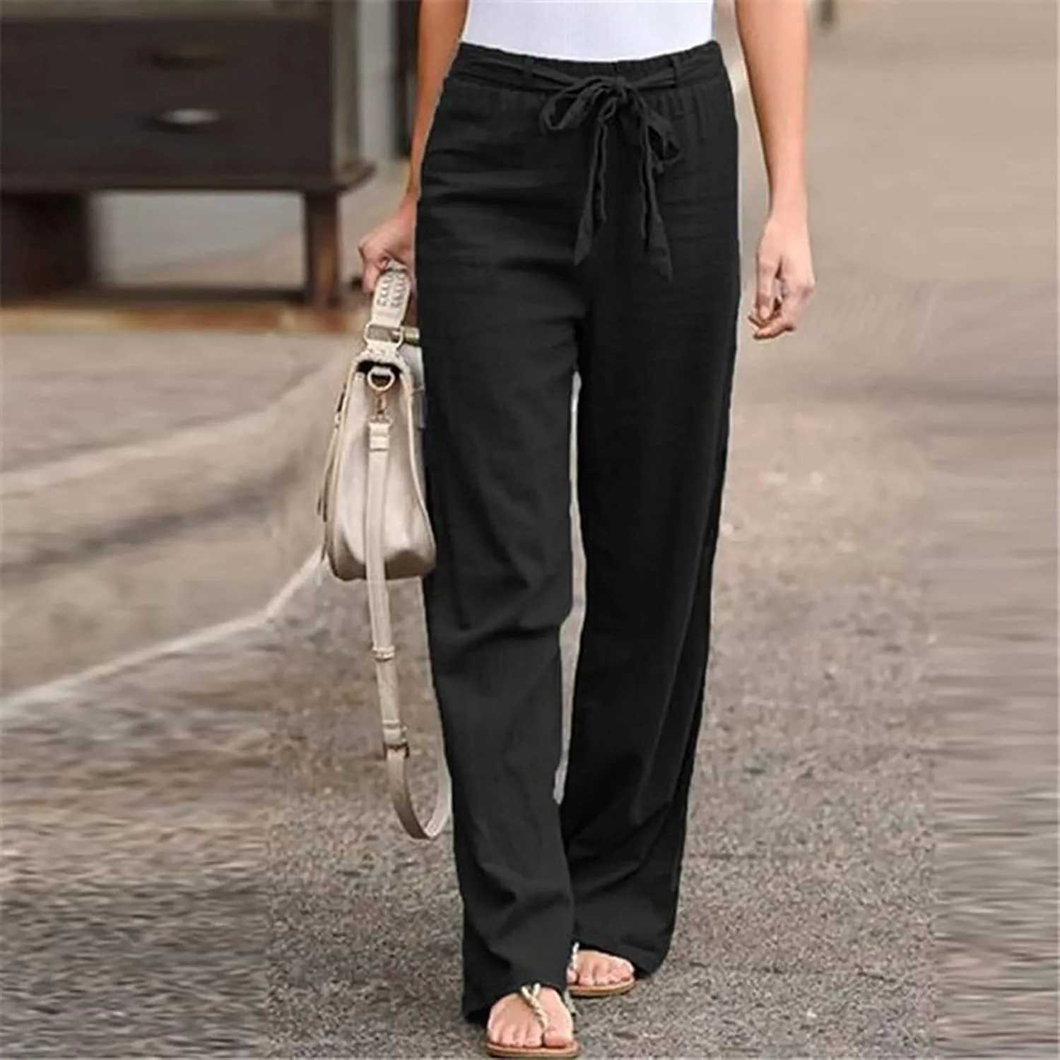 Ceboyel Womens Linen Casual Pants Summer Lounge Trousers Drawstring Straight Leg Pants Boho Beach Vacation Outfits 2023