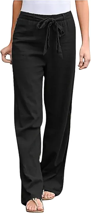 Ceboyel Womens Linen Casual Pants Summer Lounge Trousers Drawstring Straight Leg Pants Boho Beach Vacation Outfits 2023