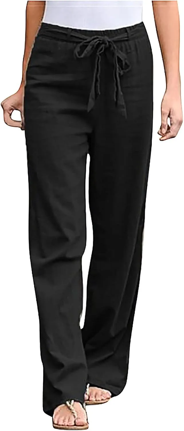 Ceboyel Womens Linen Casual Pants Summer Lounge Trousers Drawstring Straight Leg Pants Boho Beach Vacation Outfits 2023