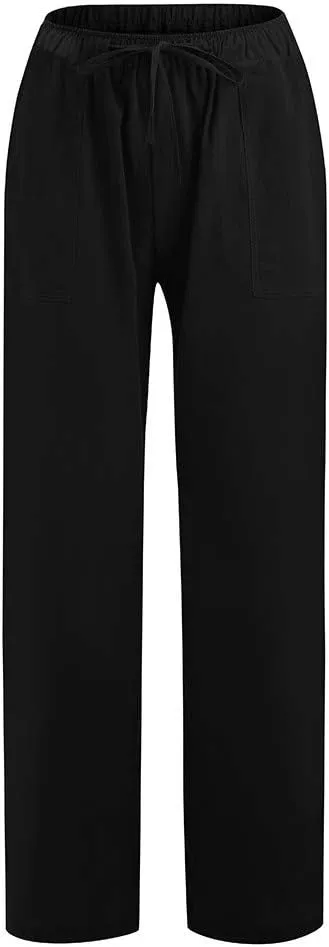 Ceboyel Womens Straight Wide Leg Line Pants Drawstring Cotton Palazzo Pants High Waist Lounge Trousers Boho Summer Outfits