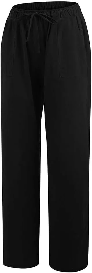 Ceboyel Womens Straight Wide Leg Line Pants Drawstring Cotton Palazzo Pants High Waist Lounge Trousers Boho Summer Outfits