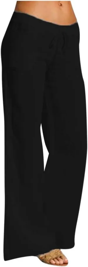 Ceboyel Womens Straight Wide Leg Line Pants Drawstring Cotton Palazzo Pants High Waist Lounge Trousers Boho Summer Outfits