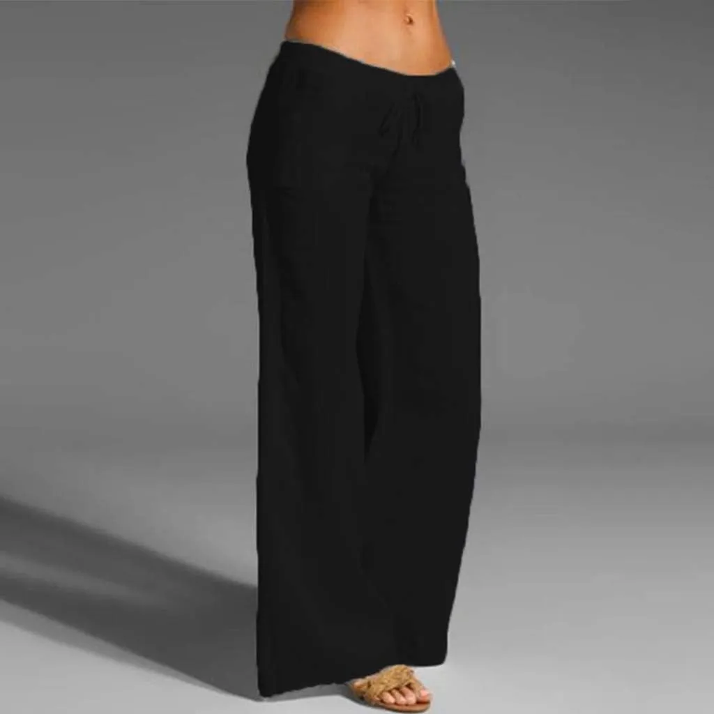 Ceboyel Womens Straight Wide Leg Line Pants Drawstring Cotton Palazzo Pants High Waist Lounge Trousers Boho Summer Outfits
