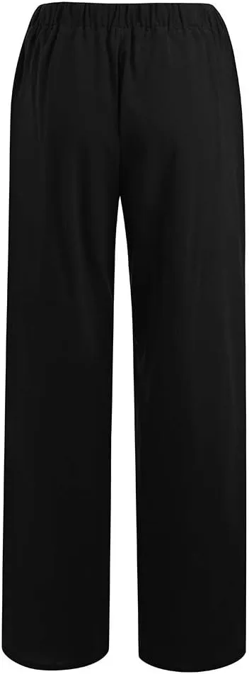 Ceboyel Womens Straight Wide Leg Line Pants Drawstring Cotton Palazzo Pants High Waist Lounge Trousers Boho Summer Outfits