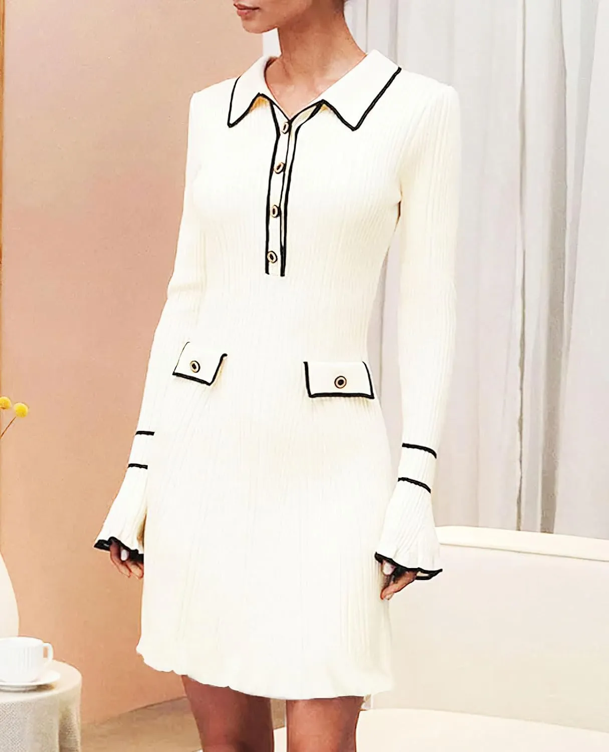 chouyatou CHOUAYTOU Women's Fall Polo Collared Sweater Dress Color Block Button Down Mini Office Work Dress