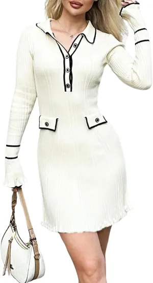 chouyatou CHOUAYTOU Women's Fall Polo Collared Sweater Dress Color Block Button Down Mini Office Work Dress