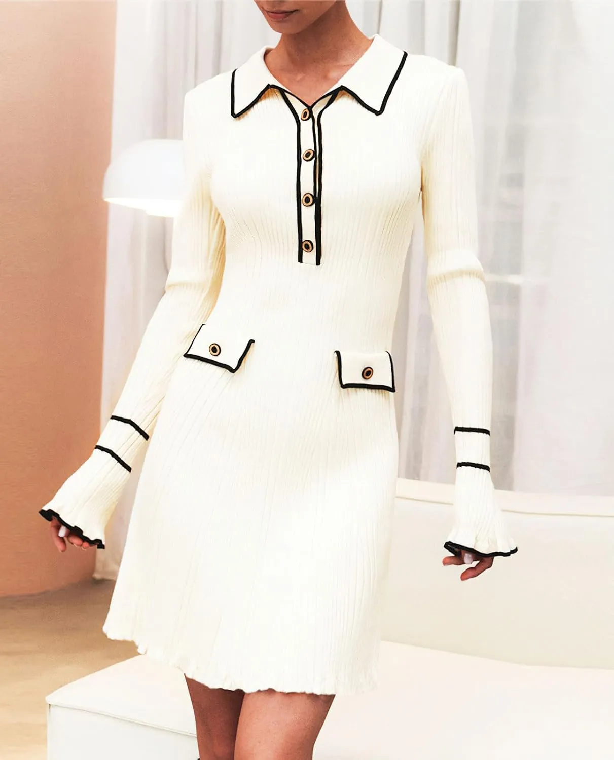 chouyatou CHOUAYTOU Women's Fall Polo Collared Sweater Dress Color Block Button Down Mini Office Work Dress