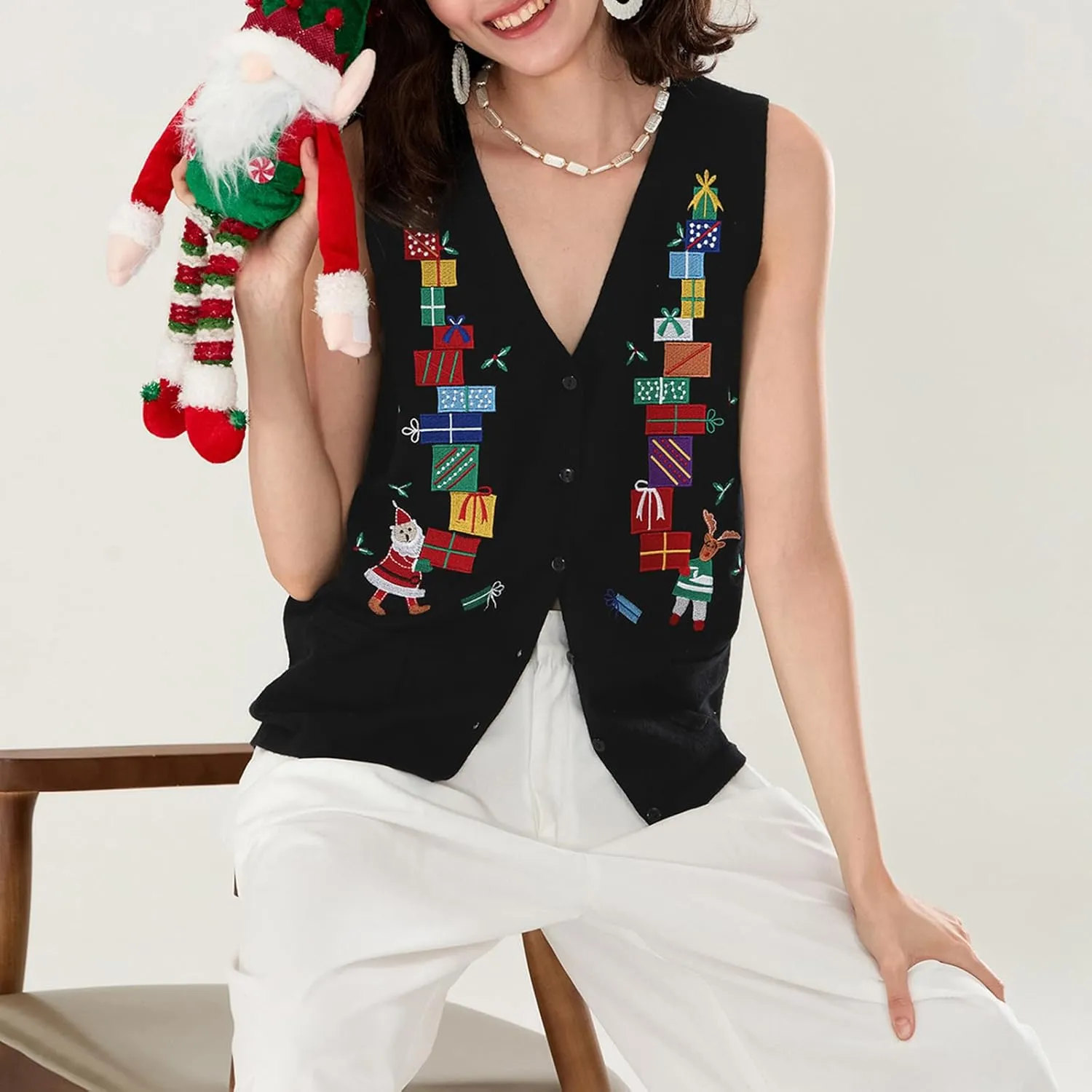 Christmas Vest for Women Reindeer Santa Snowman Embroidery Sweater Sleeveless Ugly Xmas Knit Tank Top