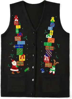 Christmas Vest for Women Reindeer Santa Snowman Embroidery Sweater Sleeveless Ugly Xmas Knit Tank Top