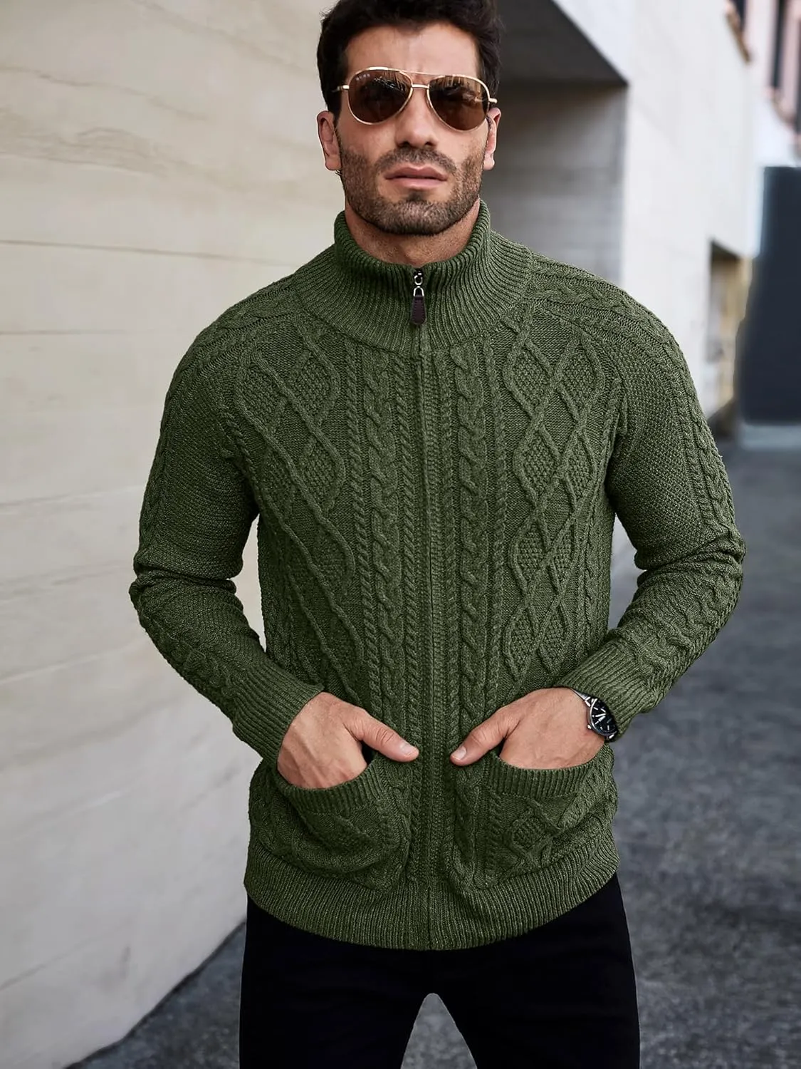 Comdecevis Men's Cardigan Sweaters Full Zip Up Stand Collar Slim Fit Cable Knitted Sweater with Pockets