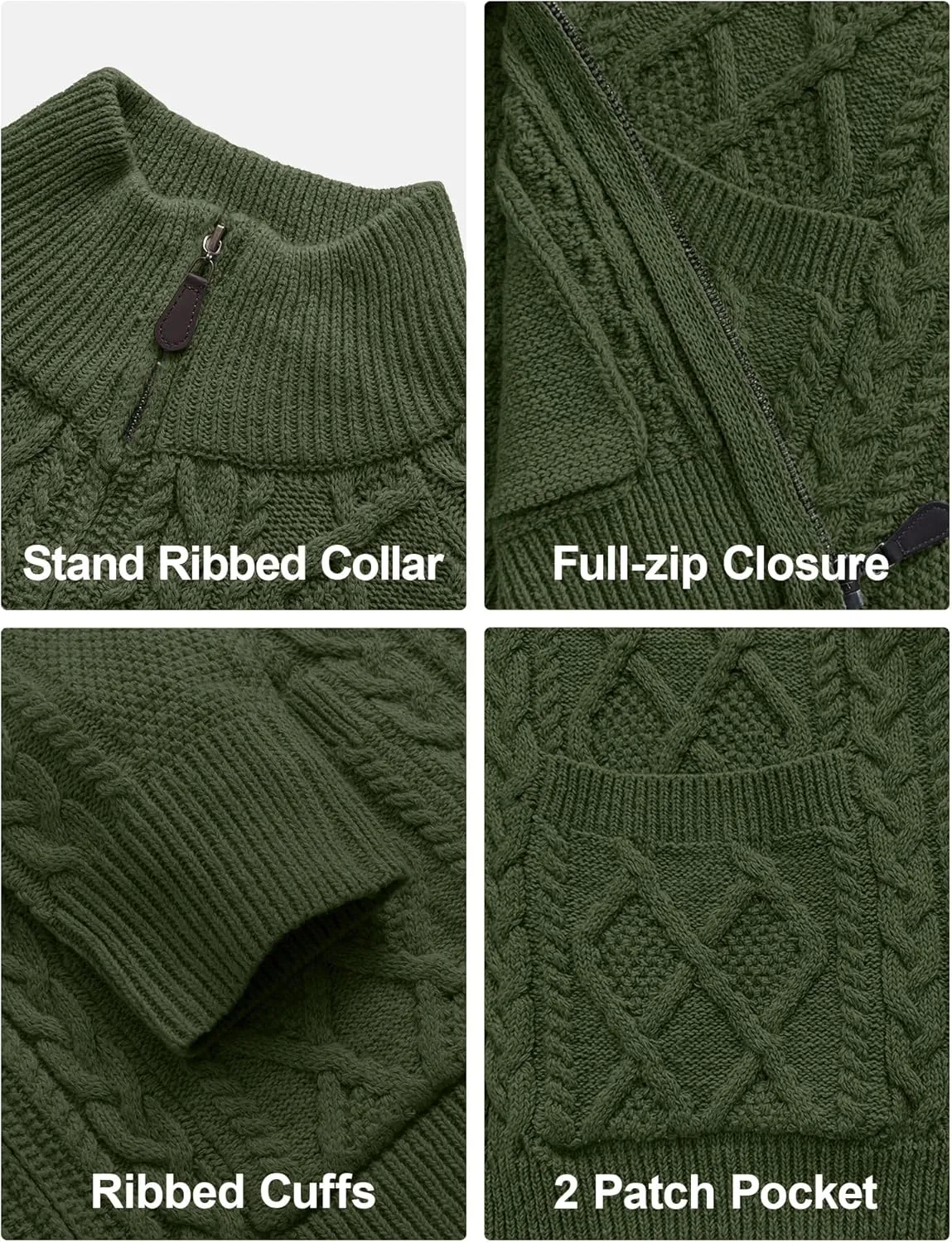 Comdecevis Men's Cardigan Sweaters Full Zip Up Stand Collar Slim Fit Cable Knitted Sweater with Pockets
