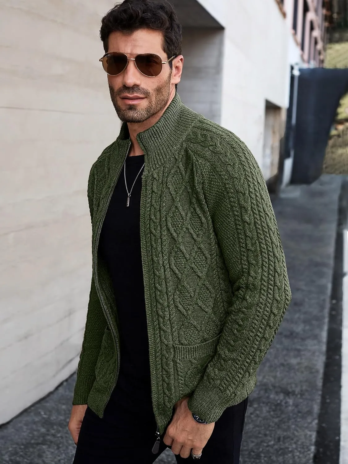 Comdecevis Men's Cardigan Sweaters Full Zip Up Stand Collar Slim Fit Cable Knitted Sweater with Pockets