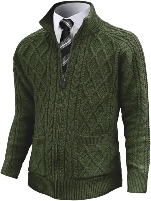Comdecevis Men's Cardigan Sweaters Full Zip Up Stand Collar Slim Fit Cable Knitted Sweater with Pockets