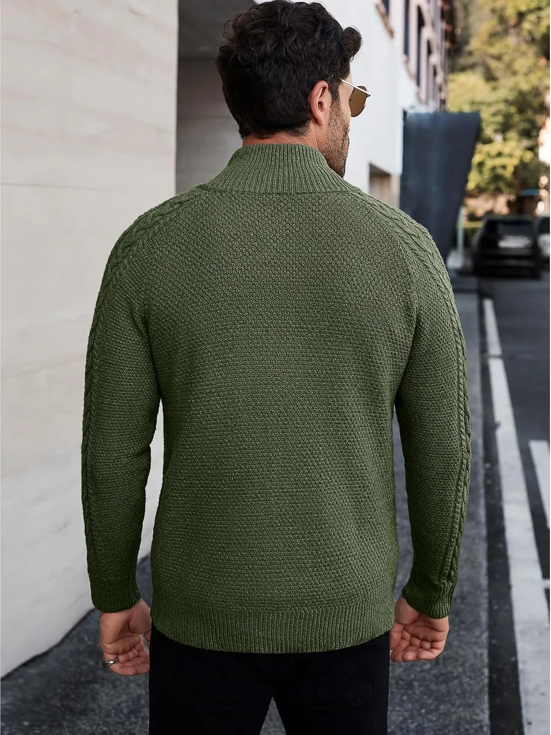 Comdecevis Men's Cardigan Sweaters Full Zip Up Stand Collar Slim Fit Cable Knitted Sweater with Pockets