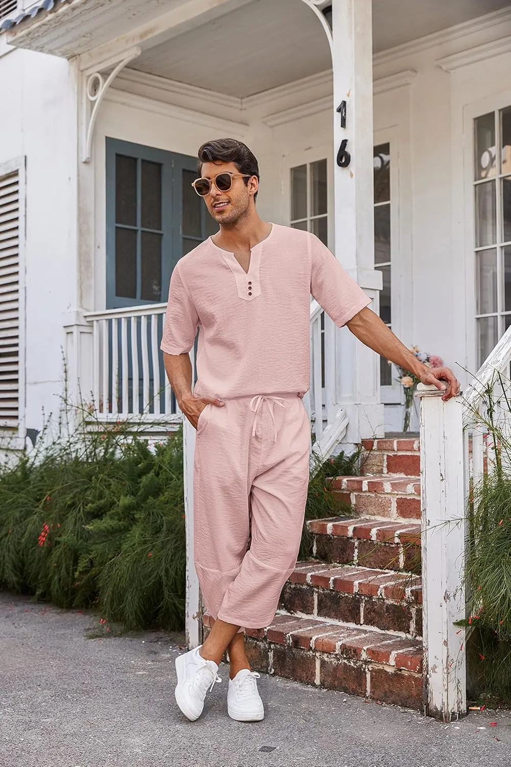COOFANDY Men's 2 Pieces Linen Set Henley Shirt Short Sleeve and Harem Capri Pants Wide Leg Baggy Beach Yoga Trousers Outfits