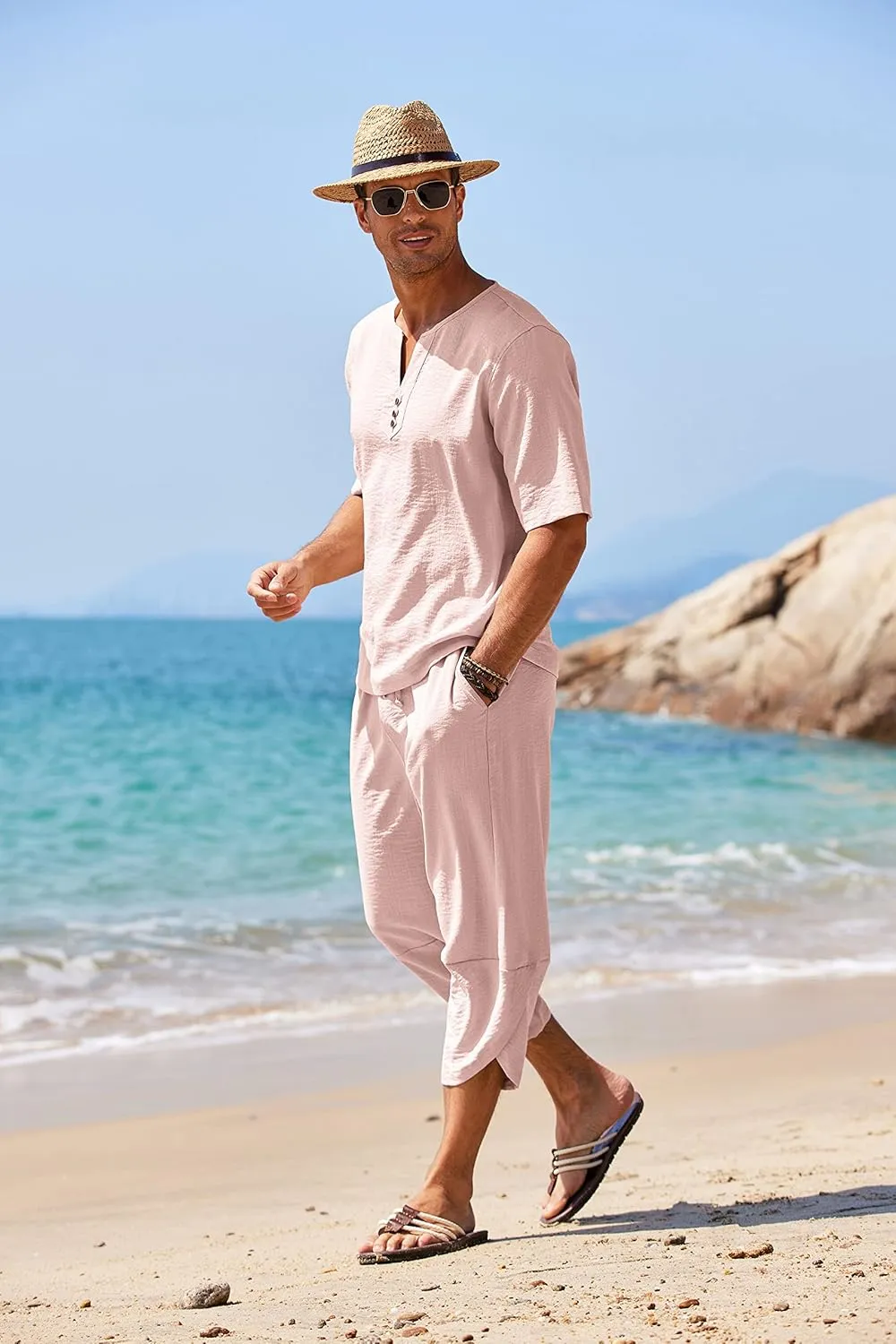 COOFANDY Men's 2 Pieces Linen Set Henley Shirt Short Sleeve and Harem Capri Pants Wide Leg Baggy Beach Yoga Trousers Outfits