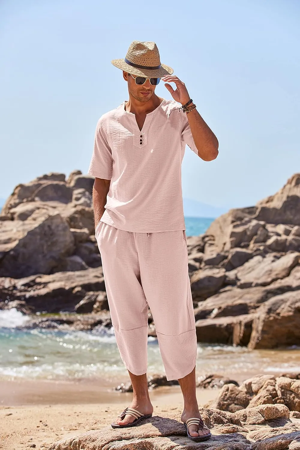 COOFANDY Men's 2 Pieces Linen Set Henley Shirt Short Sleeve and Harem Capri Pants Wide Leg Baggy Beach Yoga Trousers Outfits