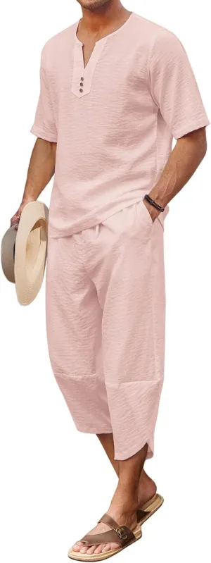 COOFANDY Men's 2 Pieces Linen Set Henley Shirt Short Sleeve and Harem Capri Pants Wide Leg Baggy Beach Yoga Trousers Outfits