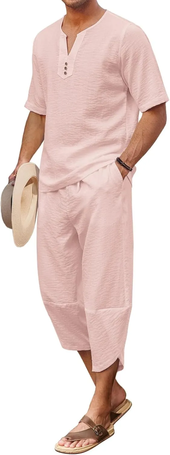 COOFANDY Men's 2 Pieces Linen Set Henley Shirt Short Sleeve and Harem Capri Pants Wide Leg Baggy Beach Yoga Trousers Outfits