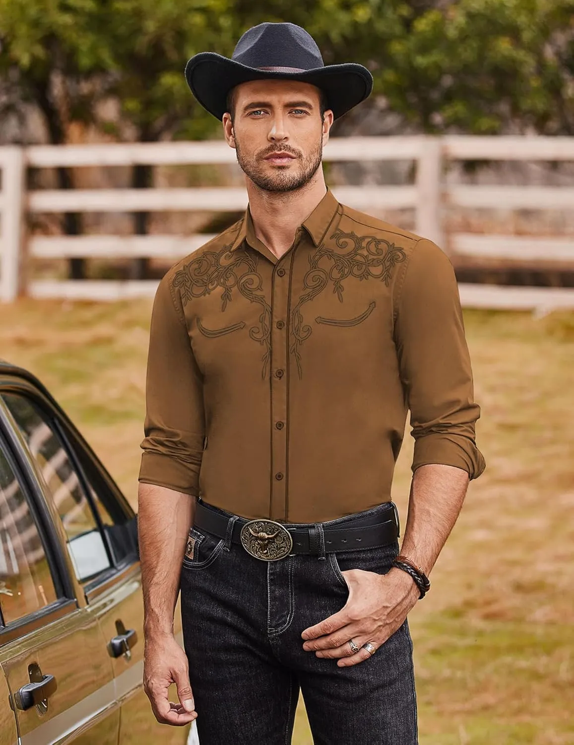 COOFANDY Men's Western Cowboy Shirts Long Sleeve Embroidered Shirt Slim Fit Casual Button Down Shirts