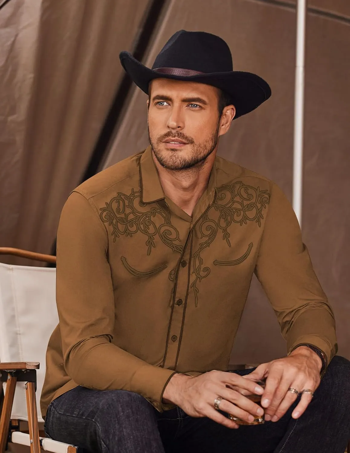 COOFANDY Men's Western Cowboy Shirts Long Sleeve Embroidered Shirt Slim Fit Casual Button Down Shirts