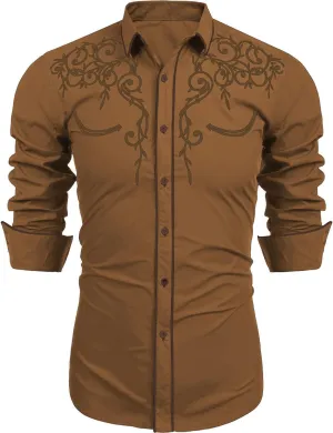 COOFANDY Men's Western Cowboy Shirts Long Sleeve Embroidered Shirt Slim Fit Casual Button Down Shirts